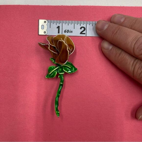 Rose Flower Brooch Pin Brown and Green Jewelry Accessory Boutonniere Ceramic - Picture 11 of 12